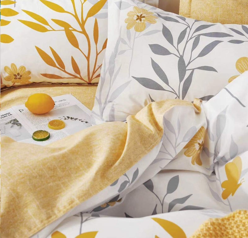 SLEEPBELLA Duvet Cover Queen Size, 600 Thread Count Cotton Grey Branches and Yellow Flower Reversible Comforter Cover(Queen, White Leaf) - Image 3